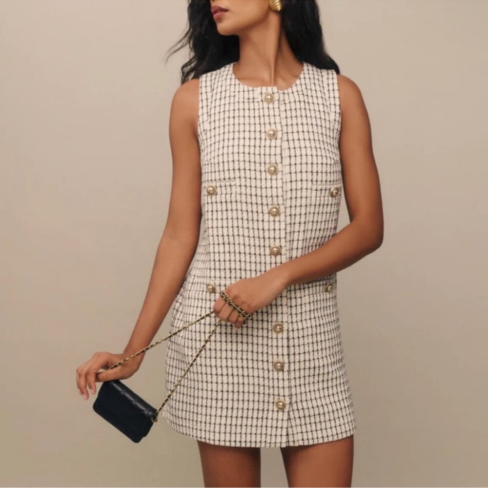 NEW Reformation Tropez Mini Dress Sz2 Cream Check Tweed